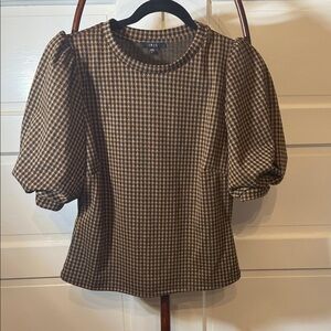 IRIS Puff Sleeve Houndstooth Blouse Brown Black Romantic Peplum Top L